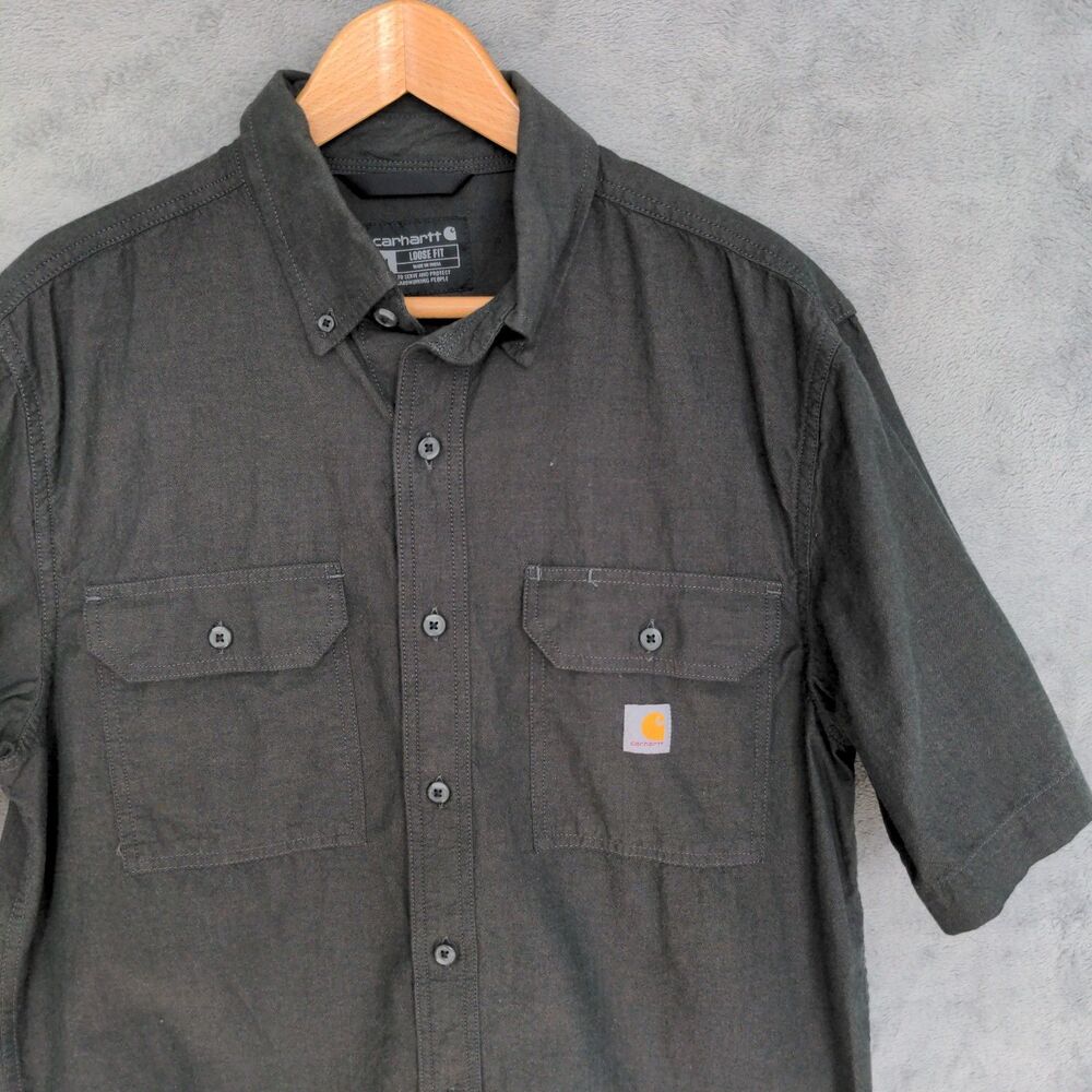 Carhartt Short Sleeve Button Down Work Shirt Men's Medium Dark Gray Loose Fit